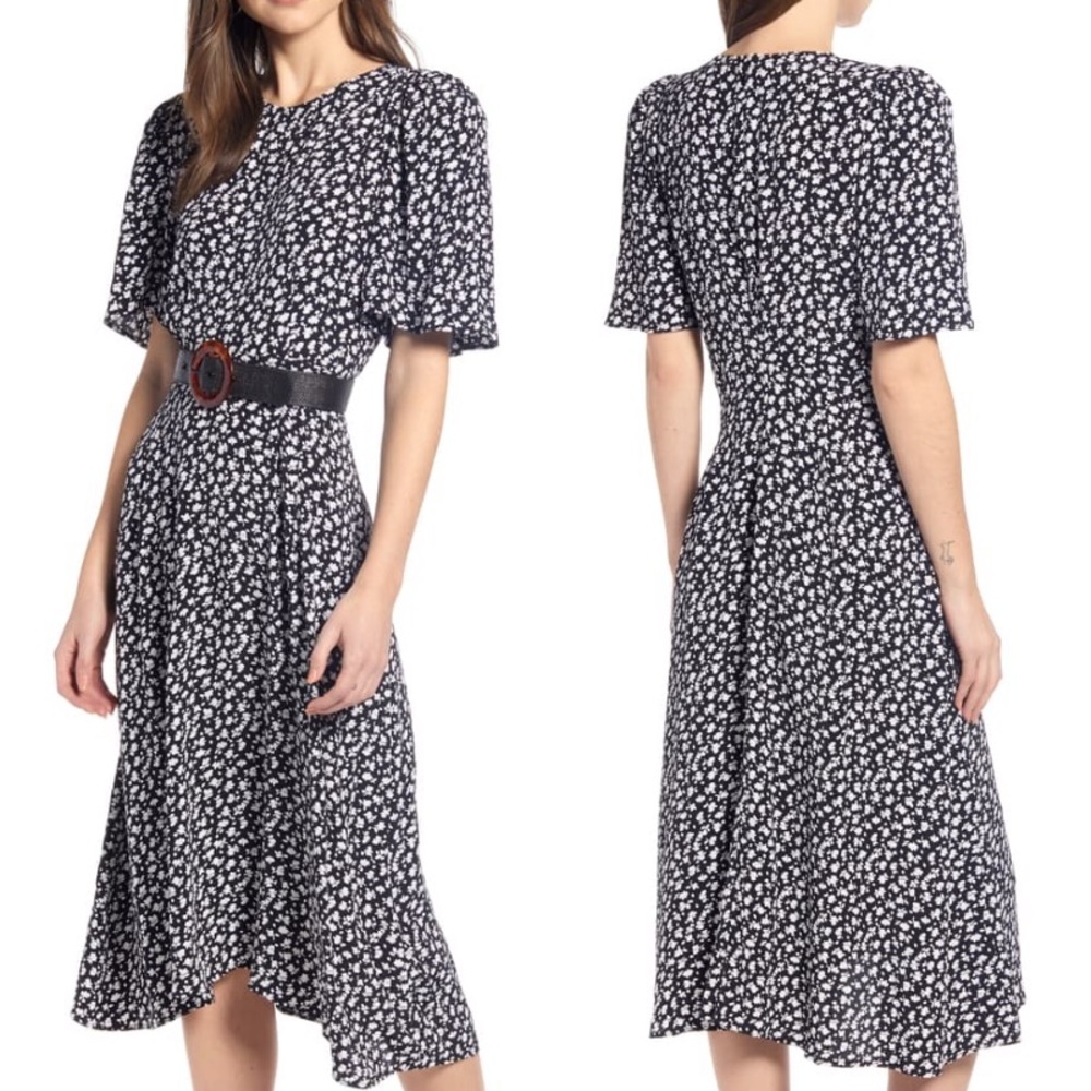 Something Navy • Strong shoulder floral midi